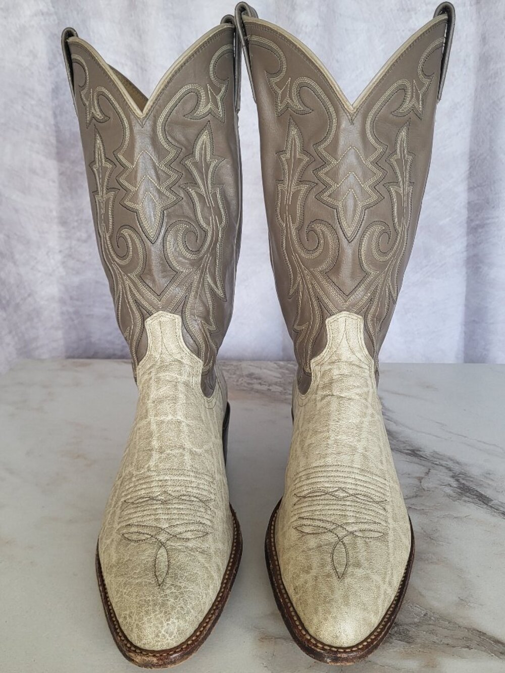 Vintage Dan Post Elephant Western Cowboy Boots Beige/Gray Men's Size 9.5 D